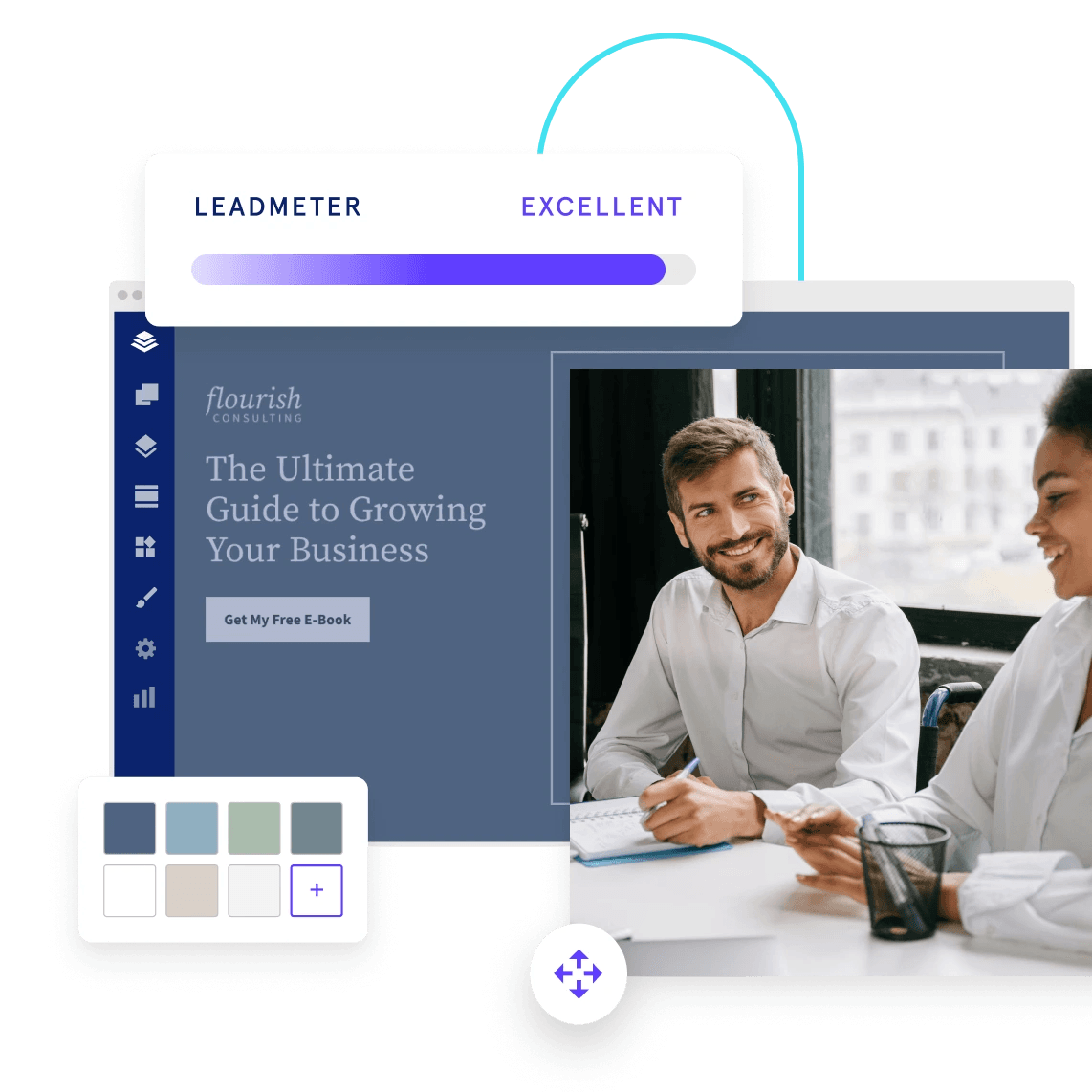 leadpages landing page builder with leadmeter, brand colors, and dra-and-drop editor