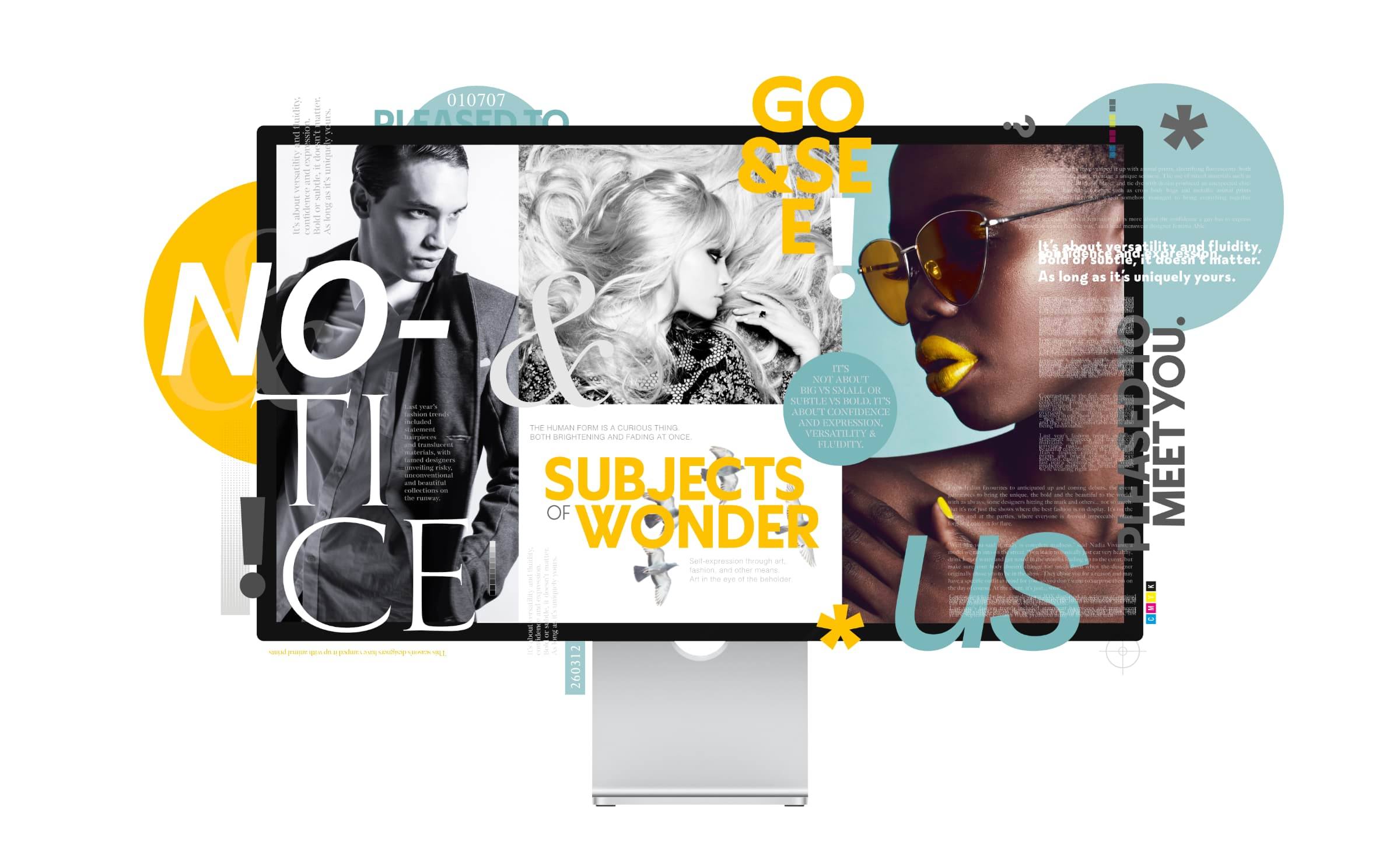 Affinity Publisher used to create SUBJECTS OF WONDER magazine spread with words and shapes popping out of the desktop screen