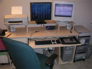 My new computer desk accommodates two monitors and its keyboard tray accommodates a wacom tablet and a keyboard, all ergonomically