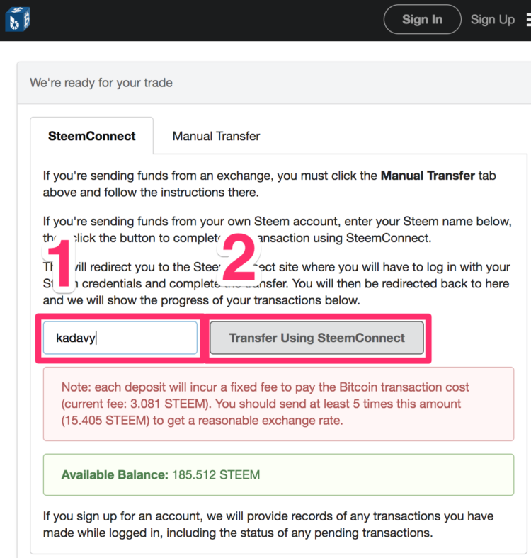 transfer steem to btc using steemconnect on blocktrades