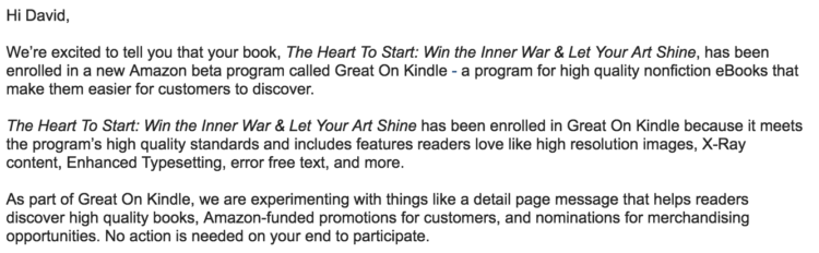 my great on kindle message from Amazon