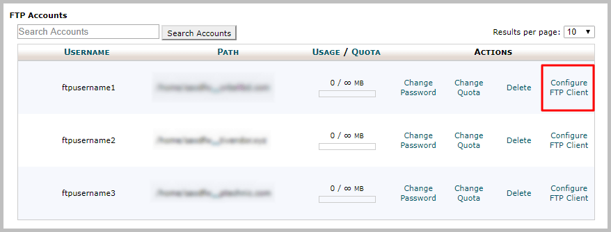 FTP Accounts list in cPanel FTP Accounts list in cPanel