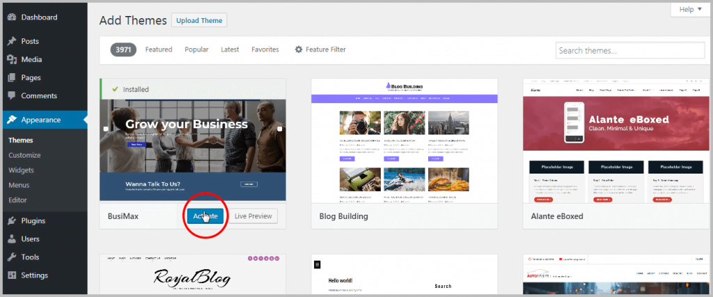 Installing WordPress theme - Activate