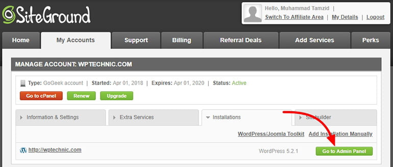SiteGround WordPress Admin Panel SiteGround WordPress Admin Panel