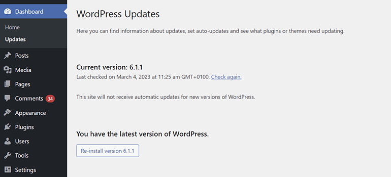 wordpress version check dashboard updates wordpress version check dashboard updates