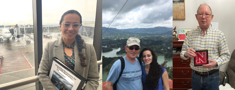 Ana with her interview packet, on the way to Bogotá, and with my dad in 2017. Dad with a gift Ana crocheted for him, 2022.